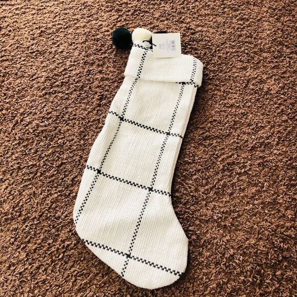Hearth & Hand with Magnolia Holiday Stocking Collection Cream/Gray‎ Windowpane - Picture 1 of 5